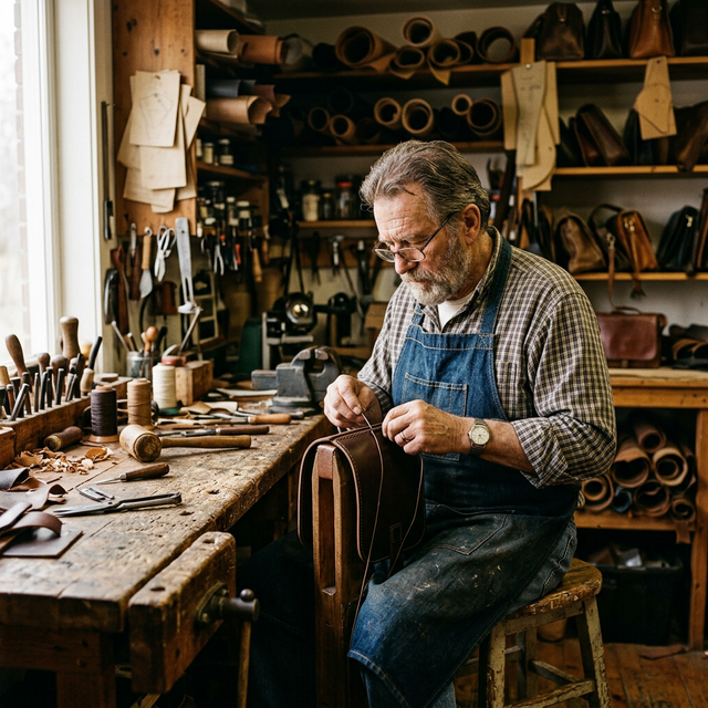 Artisan leather craftsman at work